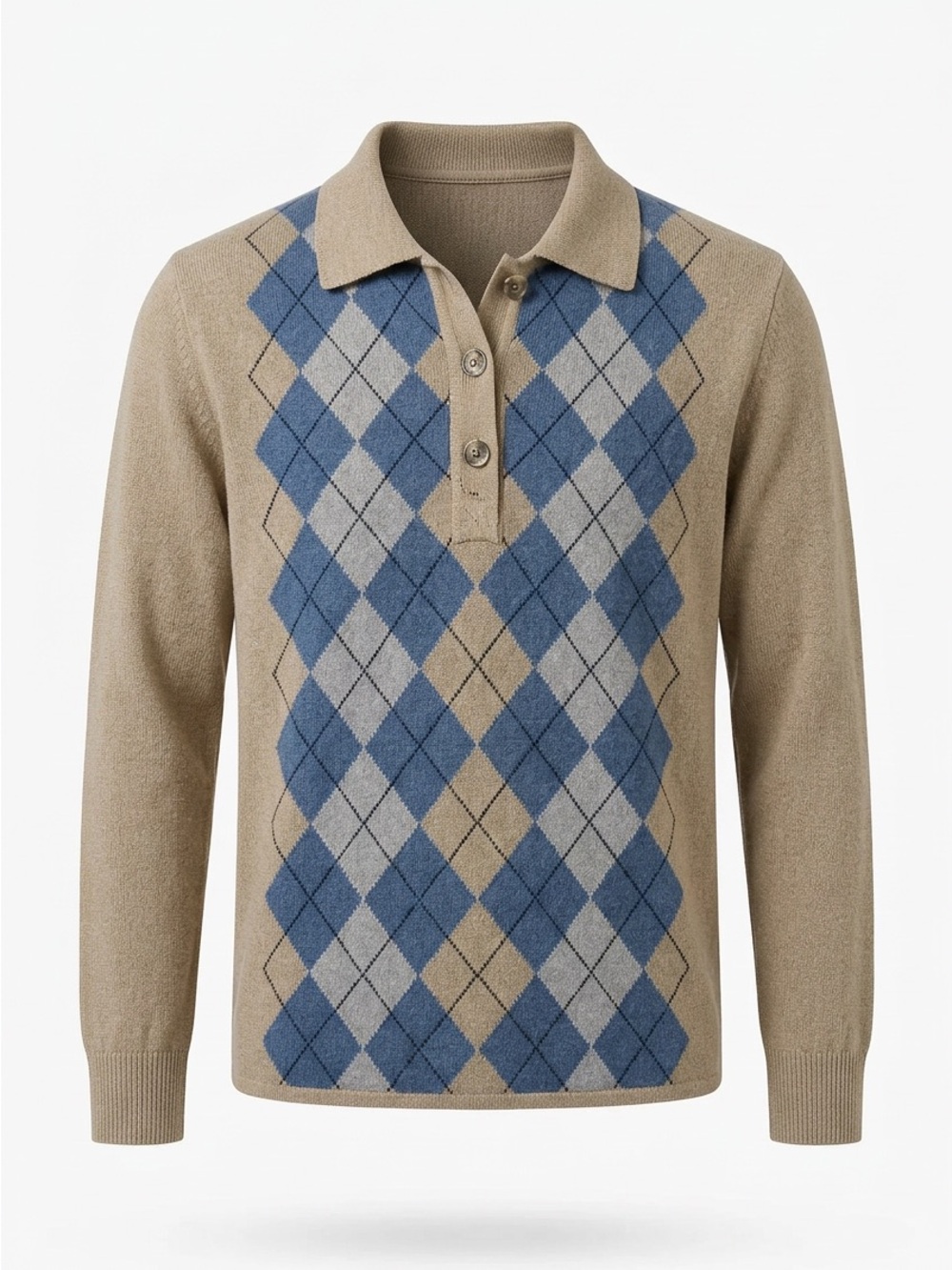 BCBG Tan Argyle Polo with Blue and Gray Diamonds